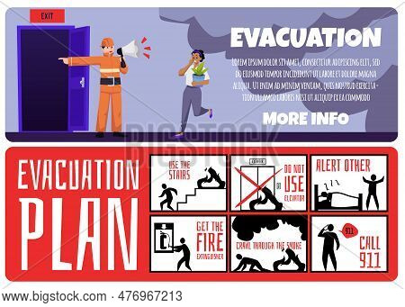 Fire Evacuation Infographic Posters Set, Flat Cartoon Vector Illustration.
