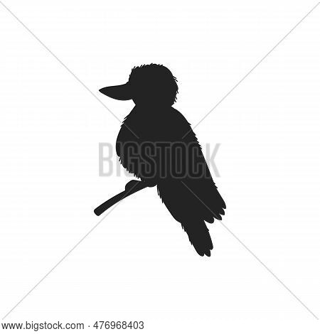 Black Silhouette Of Kookaburra Australian Bird Sitting On Branch Flat Style