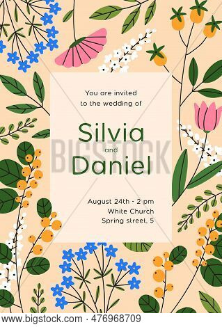 Wedding Invitation Card Design With Floral Frame. Marriage Ceremony Party, Inviting Background Templ