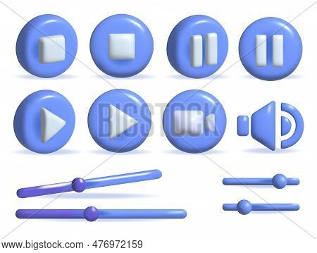 3d Icons For Videos. Stop And Play Icon On The Blue Circle. Volume And Brightness Slider On Isolated
