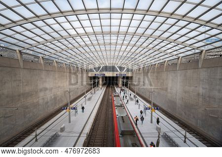 Cologne, Germany - 27. January 2023: Interioer Of The Modern Trainstation Of The Airport Cologne And