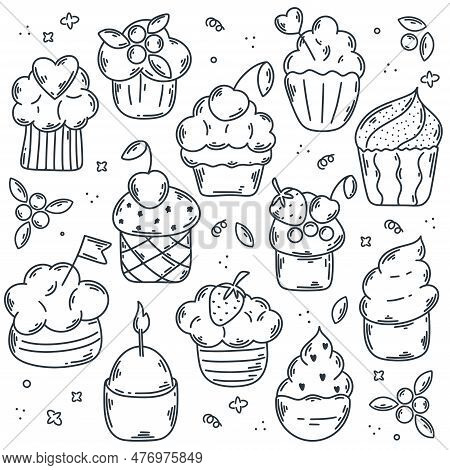 Hand Drawn Cake Set With Berries, Candle, Topper, Cherry, Strawberry. Doodle Sketch Style. Cupecakes