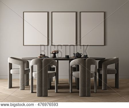 Mockup 3 Posters In Modern Diningroom Interior Design With Gray Empty Wall, Large Table And Served. 