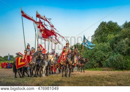 Gniew, Poland, Aug 2020 Hussars Holding Long Lances With Pendants, Polish Heavy Cavalry, Historical 