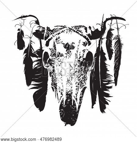 Ethnic Indian, American Or Mexican Bull Or Cow Skull With Feathers On Horns. Vector Illustration, Lo