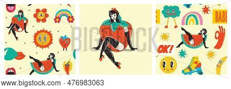Retro Pin Up Girls Seamless Pattern. Background Wallpaper With Summer Girls With Strawberry And Wate
