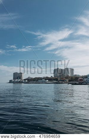Odessa, Ukraine - March 15, 2023: Aerial View Of  Arkadia Resort District, Coast Black Sea At Spring