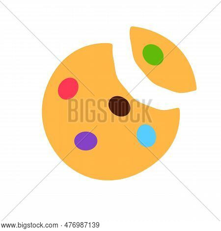 Cookie With Colorful Candy And Missing Bite Isolated On White Background. Gourmet Crispy Meal Sign O