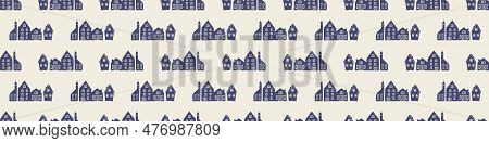 Masculine Block Print House Vector Ribbon. Seamless Sketchy City Street Organic Style For Rustic Was