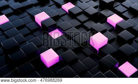 Black 3d Abstract Cubes With Pink Glowing Cubes Background Illustration
