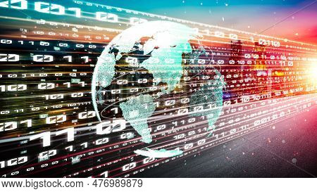 Futuristic Global Network And Tacit Digital Data Transfer 3d Graphic . Concept Of Smart Digital Tran