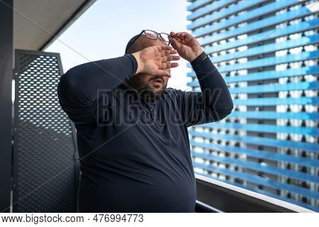 Overweight Problem. Unhealthy Heavy Man Touch Forehead Feeling Blood Pressure From Heat Weather. Exh