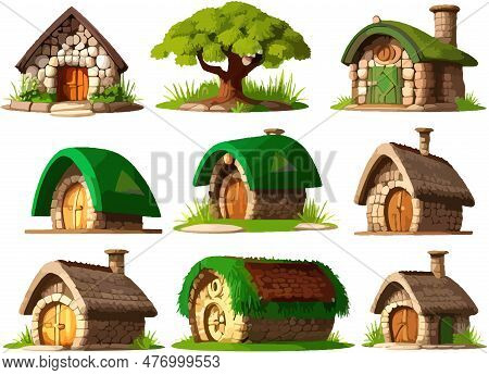 Beautiful Dwarf And Hobbit House. Vector Set