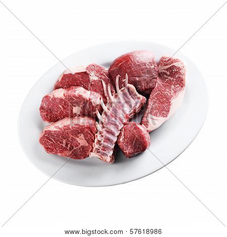 Raw Meat On Plate in plate on white Background
