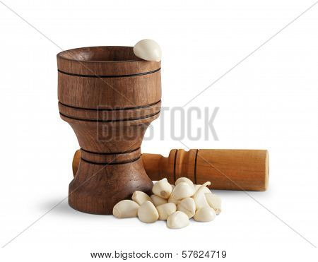 Garlic And Wooden Mortar