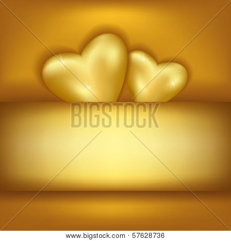 Golden Stylish Festive Background With Two Hearts