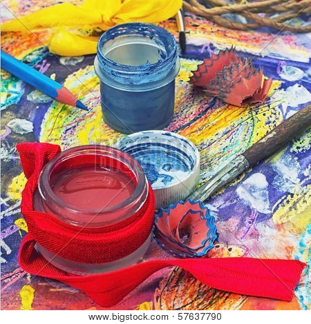 red paint,pencil and accessories