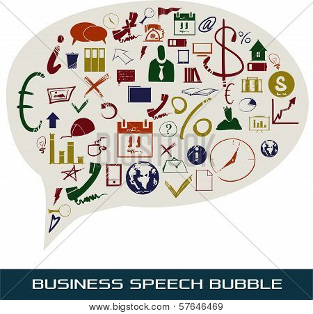 A speech bubble containing multicolored pictures related to business, marketing and data