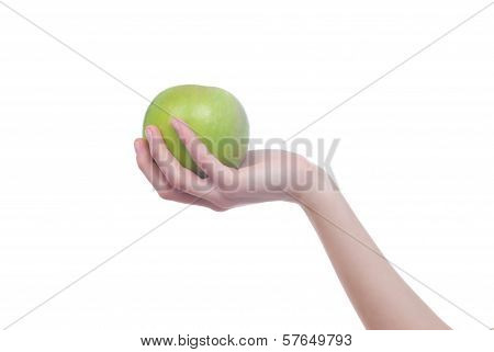 hand with apple isolated on white