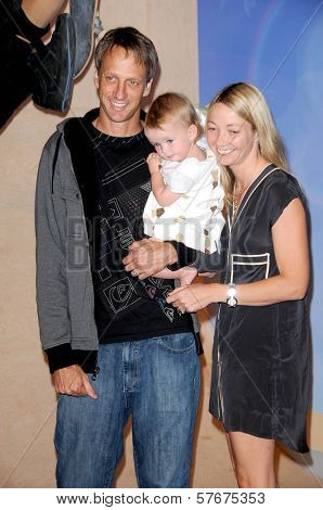 Tony Hawk with Lhotse Merriam and their daughter Kadence  at the Unveiling of Madame Tussauds Wax Figure of Tony Hawk. Madame Tussauds Wax Museum, Hollywood, CA. 07-29-09