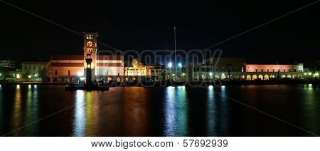 Rhodes Island Landmark, Mandraki Port, Greece. The Historical Port Is Still Used Today As A Marina B