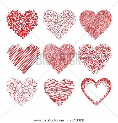 Vector collection of red hand-drawn hearts shapes isolated on white background
