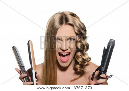 Young Woman Keeps Hair Curlers And Rectifier