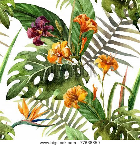 pattern orchid hibiscus leaves watercolor tropics