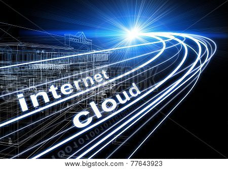 Wire-frame building, light beams, digits and words internet, clowd on dark background