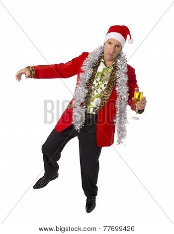 Wasted Drunk Rake Senior Businessman In Champagne Christmas Toast Party At Work Wearing Santa Hat