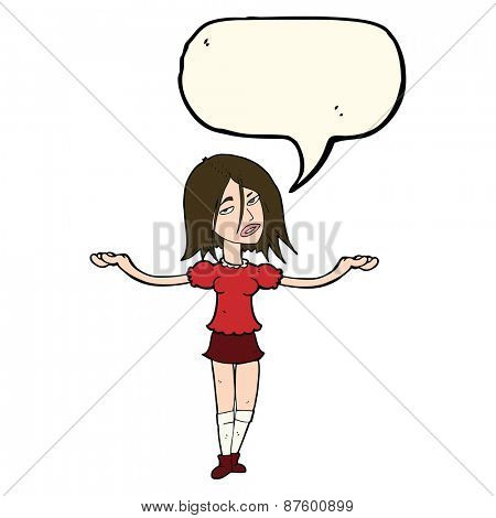 cartoon woman shrugging shoulders with speech bubble