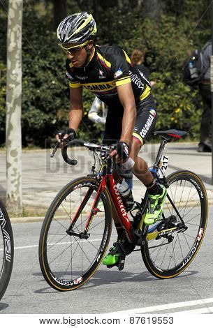 BARCELONA - MARCH, 29: Cayetano Sarmiento of Colombia Team rides during the Tour of Catalonia cycling race through the streets of Monjuich mountain in Barcelona on March 29, 2015