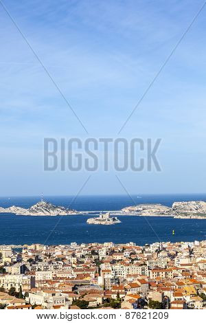 Aerial View Of One Of The Frioul Islands And The Town Of Marseilles