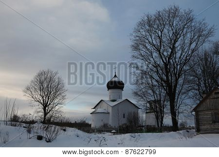 Russian winter. Church of Saint Elijah the Prophet at the Vybuty Pogost near Pskov, Russia.