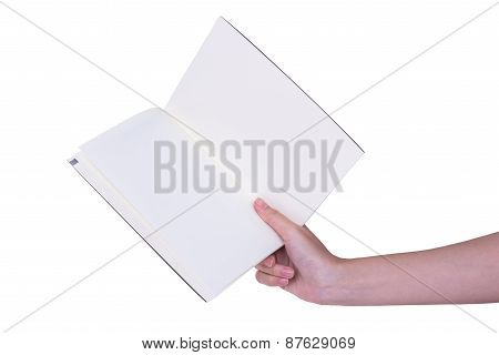 A Woman Two Hands Hold Blank Book Spread Write
