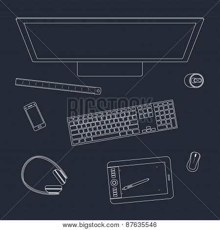 White Outline Modern Objects Used By Humans In Everyday Life