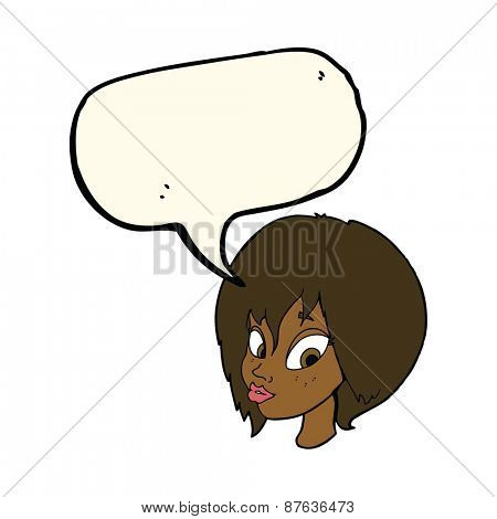 cartoon pretty female face pouting with speech bubble