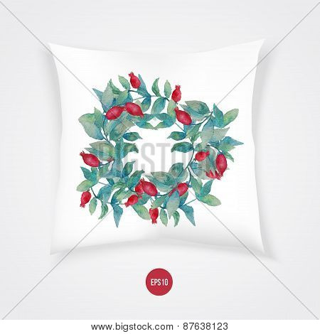 Vector watercolor burberry wreath with red berries and green leaves on pillow. Artistic vector desig