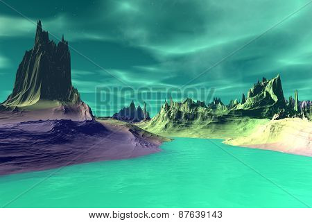 3D rendered fantasy alien planet. Rocks and sky
