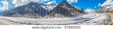Panorama View Of The Aletsch Glacier On Mountains