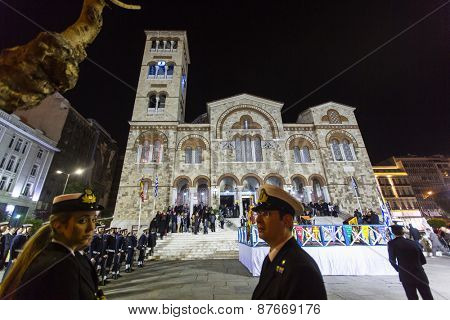 ATHENS, GREECE - APR 12, 2015: Unknown people during celebration of Orthodox Easter (Midnight Office of Pascha) Holy Saturday is often the only time that the Midnight Office will be read in parishes.