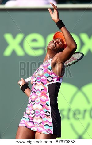 KEY BISCAYNE, FL-MAR 26: Venus Williams of the United States serves during day four at the Miami Open at Crandon Park Tennis Center on March 26, 2015 in Key Biscayne, Florida.