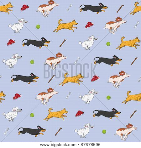 Funny dogs are running to their items seamless pattern