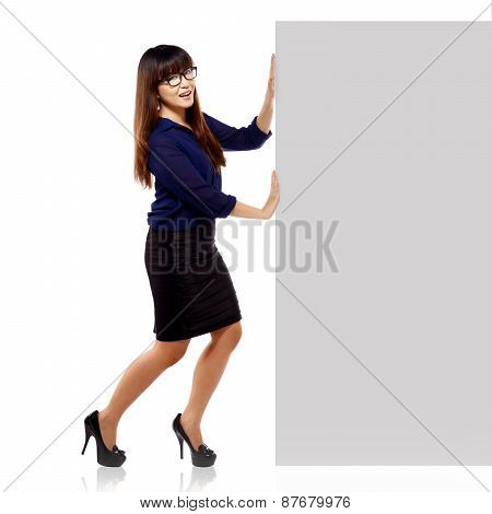 Pretty Asian Brunette Woman Showing An Empty Blankboard