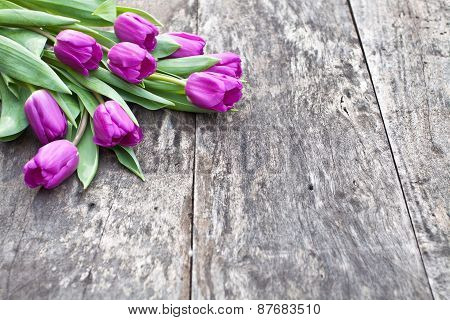 Bouquet Of Violet Tulips On The Oak Brawn Table
