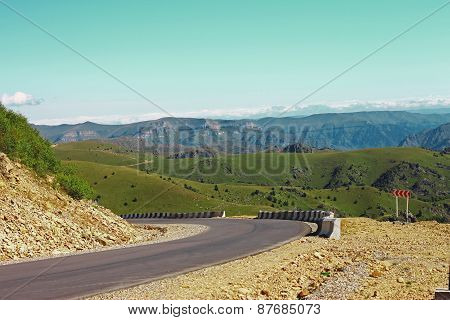 Mountain Highway And Landscape. North Caucasus Travel.