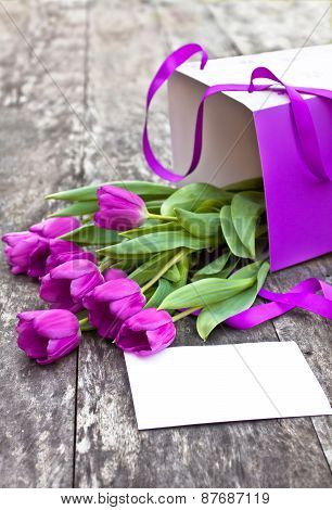 Bouquet Of Violet Tulips Pack A On The Oak Brawn Table