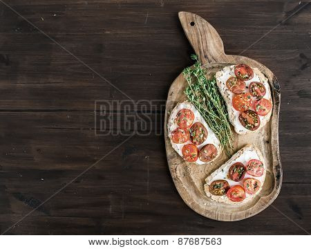 Sandwiches Or Brushetta With Roasted Cherry Tomatoes, Soft Cheese,