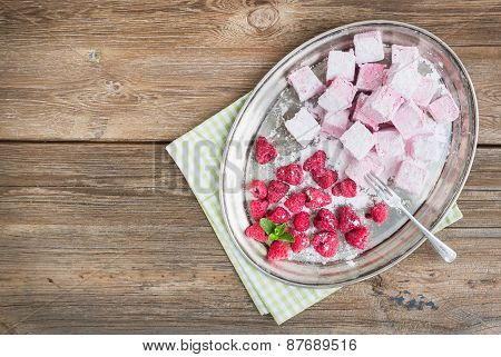 Homemade Raspberry Marshmallow With Fresh Raspberries And Sugar Powder On A Silver Dish