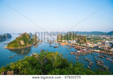 QUANGNINH, VIETNAM, July 12, 2015. Boats on the sea from high view in Halong bay. Halong bay is World Natural Heritage of Quang Ninh, Vietnam.